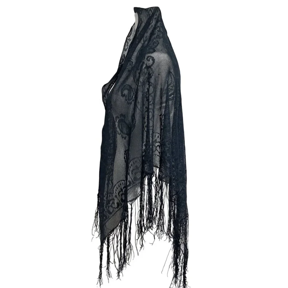 Vintage 1970s Black Lace Fringed Shawl English Village Japan Boho Goth Wrap - Picture 3 of 5